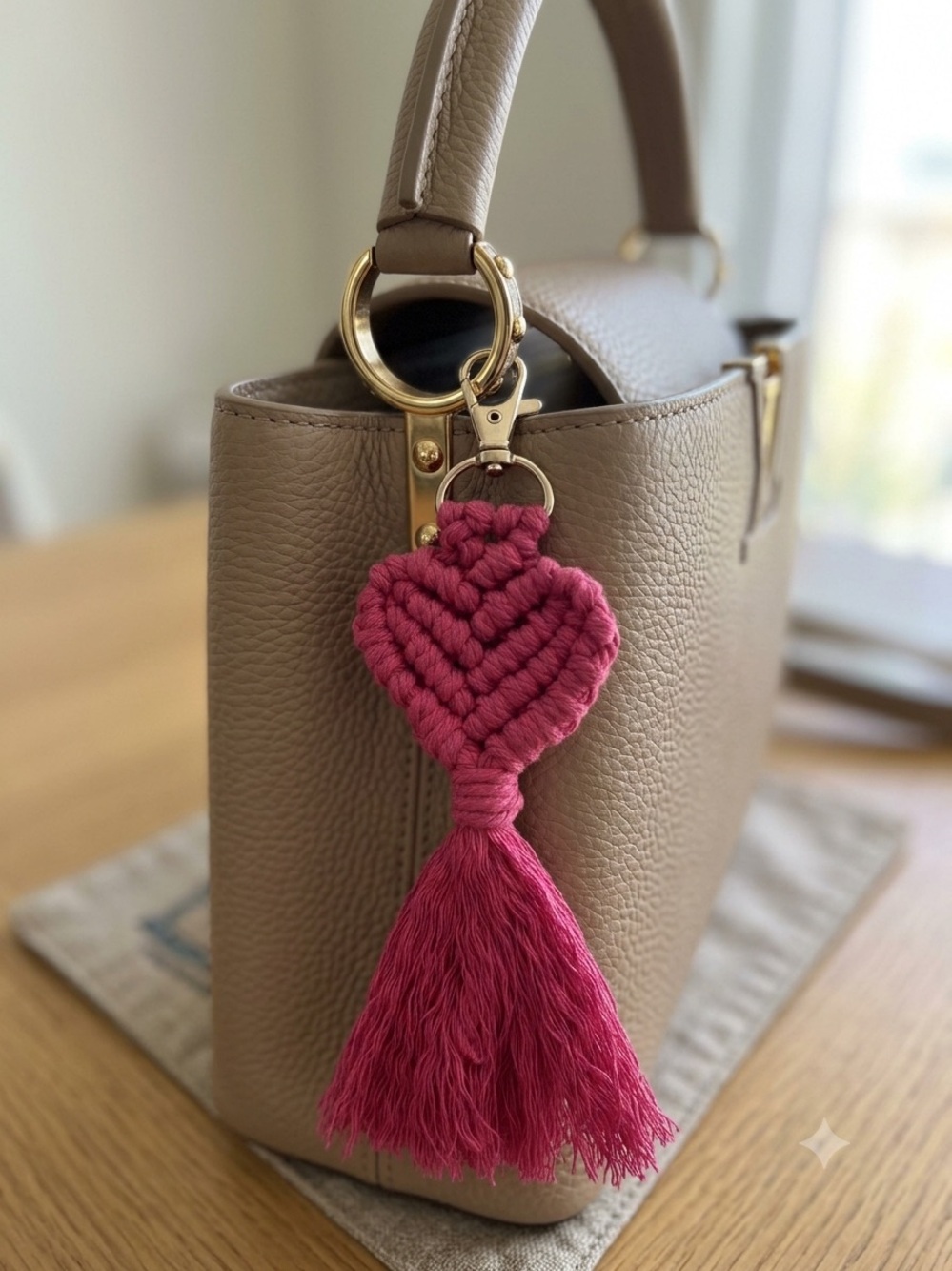 HANDCRAFTED Macrame Heart hot pink Bag Charm Keychain Bohemian Purse Jewelry NEW